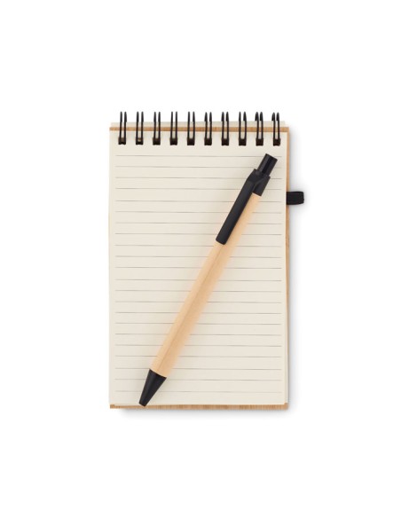 Cuadernos A6 con tapa de bambú y bolígrafo